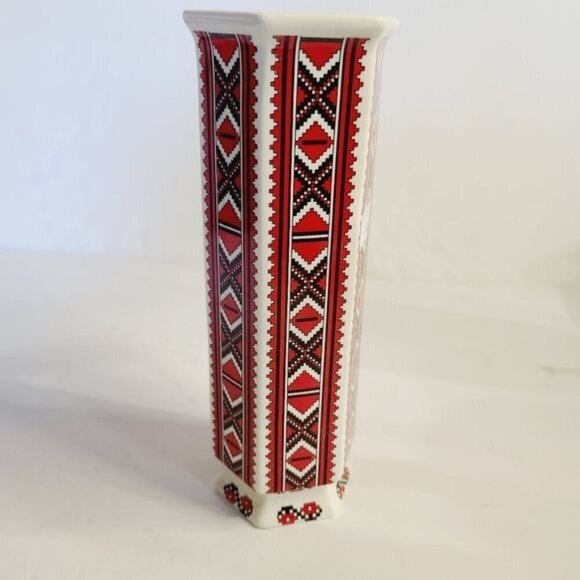 Ukrainian Arts by Stefania Red White Folk Art Patterned Vase Maximalist Eclectic - Picture 1 of 11